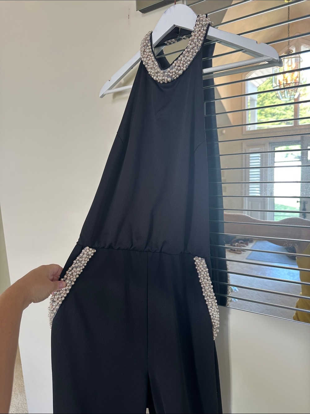 VENUS Black Pearl-Trim Halter Jumpsuit